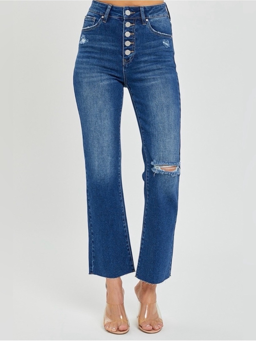 RISEN High-Rise Crop Straight Button-Fly Distressed Jeans